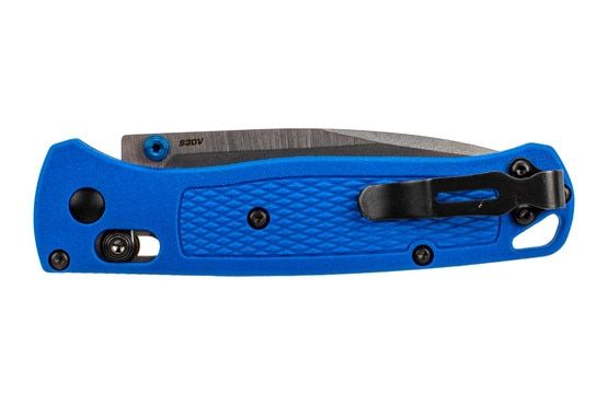 Benchmade 3.24in drop point BUGOUT folding knife in blue with grivory grip and reversible pocket clip